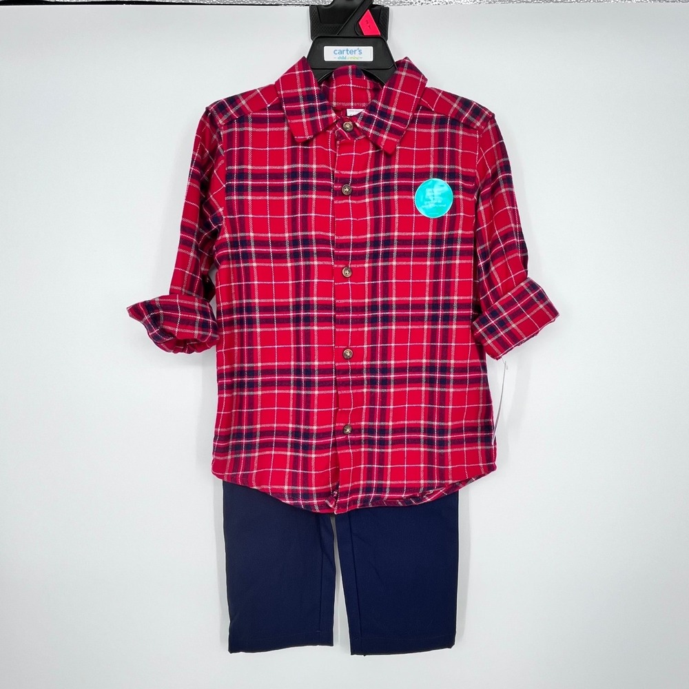 Carters Child of Mine 2pc Outfit Set Toddler 2T Red Plaid Shirt Navy Pants NEW